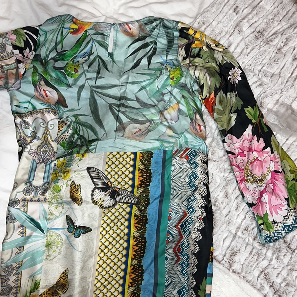 100% Silk Johnny Was Floral butterfly bird printed multicolor dress - Picture 4 of 6